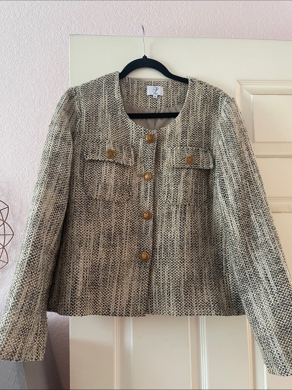 Tailored Neutral Tweed Button-Front Jacket by